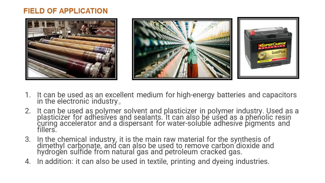 Propylene Carbonate 99.99% Used as a Plasticizer, Spinning Solvent, Water Soluble Dyes